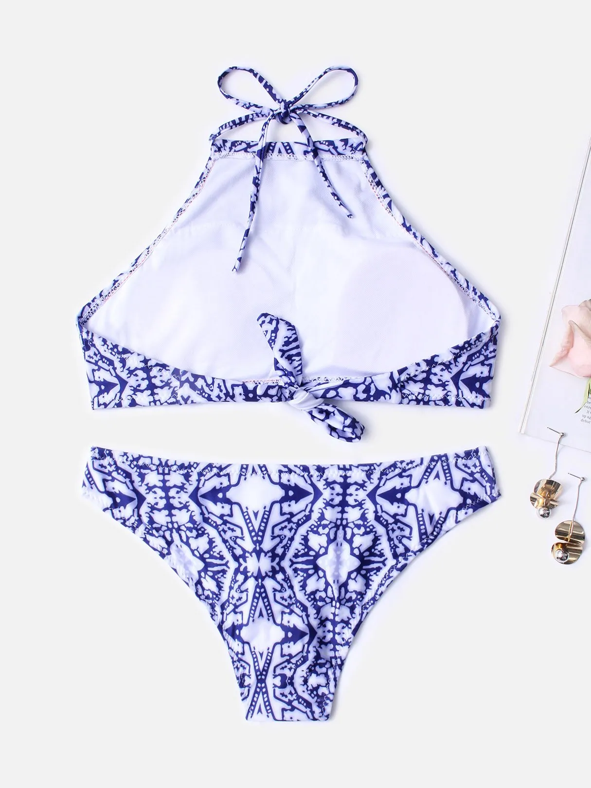 Wholesale Blue Halter Sleeveless Printed Backless Two Piece Bikinis