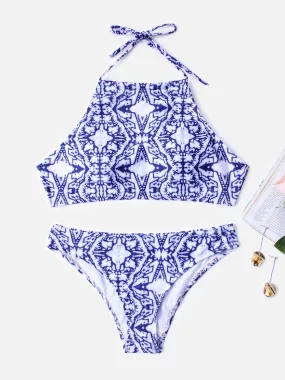 Wholesale Blue Halter Sleeveless Printed Backless Two Piece Bikinis