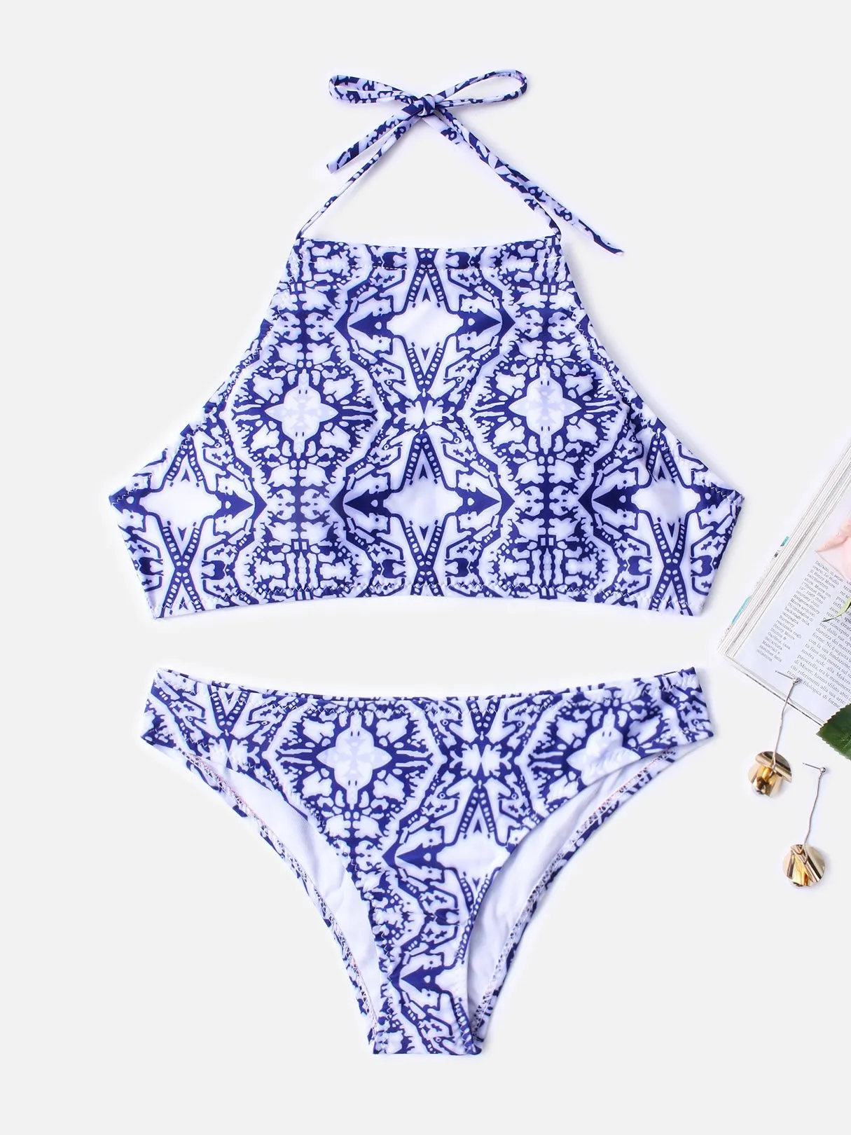 Wholesale Blue Halter Sleeveless Printed Backless Two Piece Bikinis