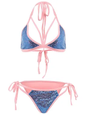 Wholesale Blue Sleeveless Sequins Embellished Bikinis