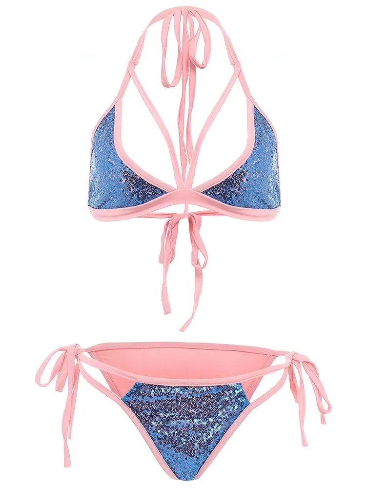 Wholesale Blue Sleeveless Sequins Embellished Bikinis