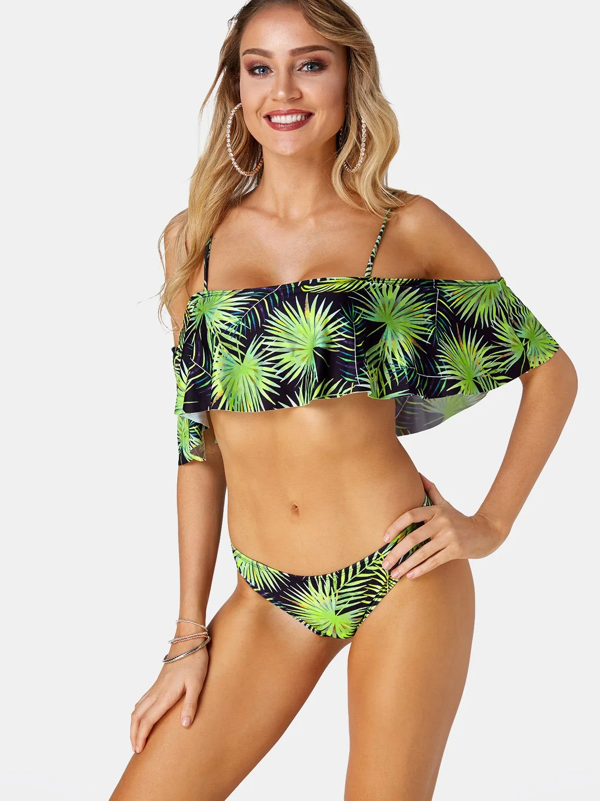 Wholesale Green Square Neck Short Sleeve Printed 2 Piece Bikinis
