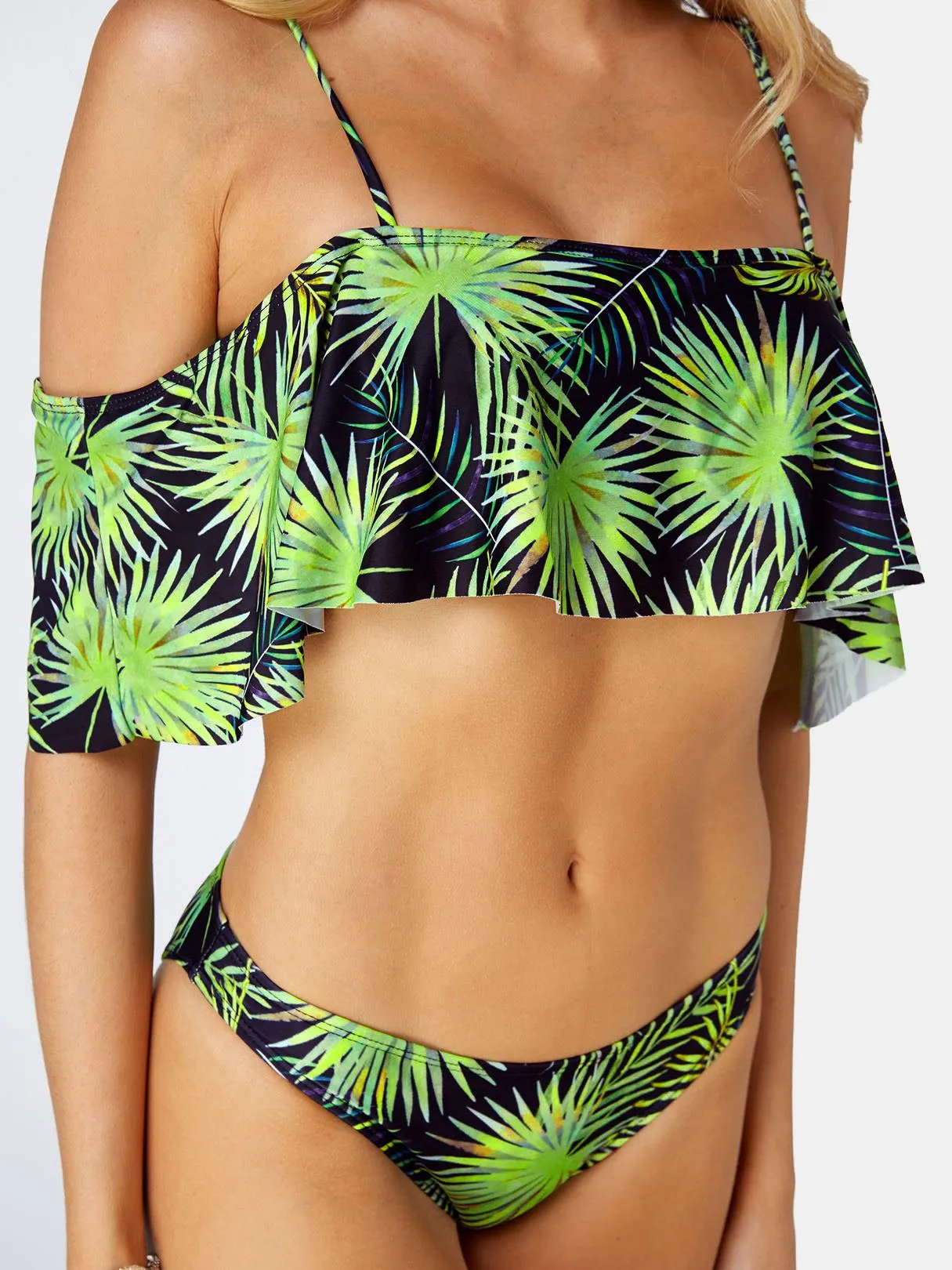 Wholesale Green Square Neck Short Sleeve Printed 2 Piece Bikinis