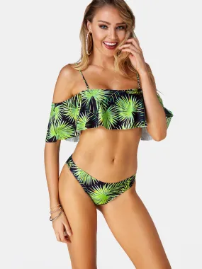 Wholesale Green Square Neck Short Sleeve Printed 2 Piece Bikinis