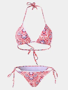 Wholesale Halter Deep V Neck Floral Print Backless Sleeveless 2 Piece Bikinis