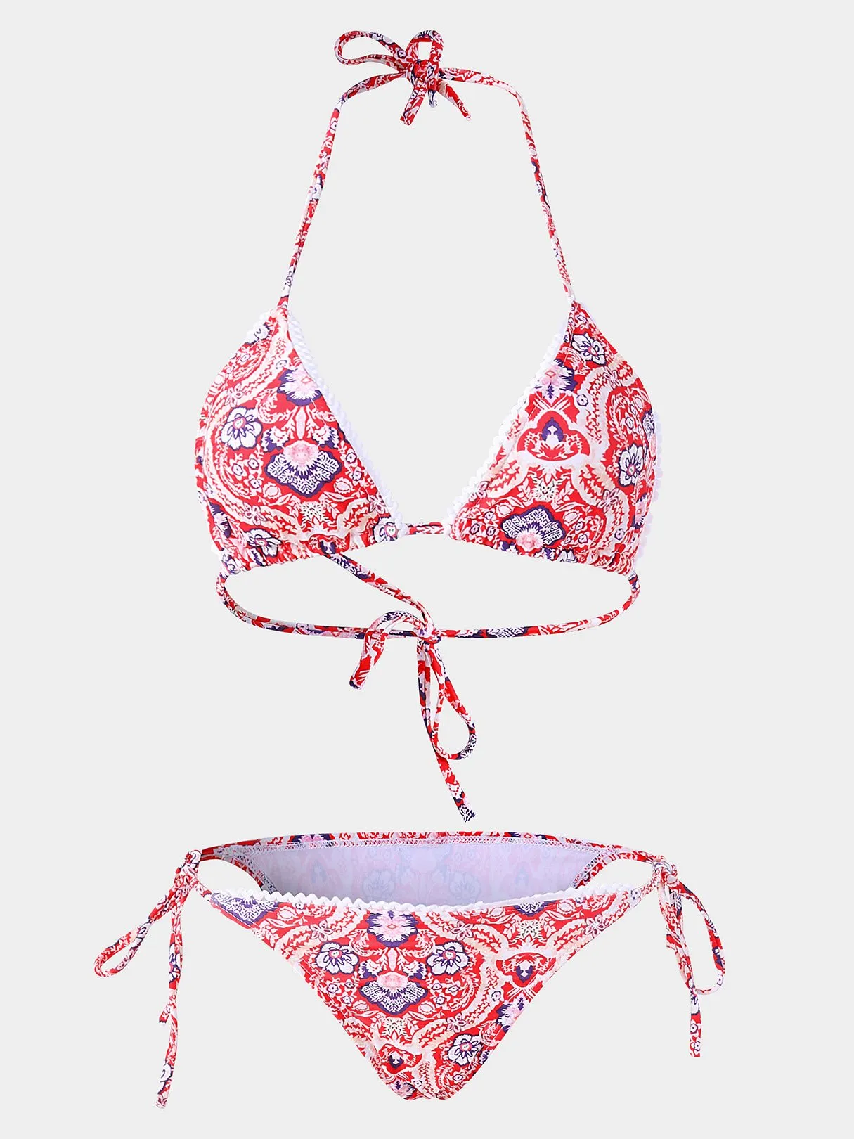 Wholesale Halter Deep V Neck Floral Print Backless Sleeveless 2 Piece Bikinis