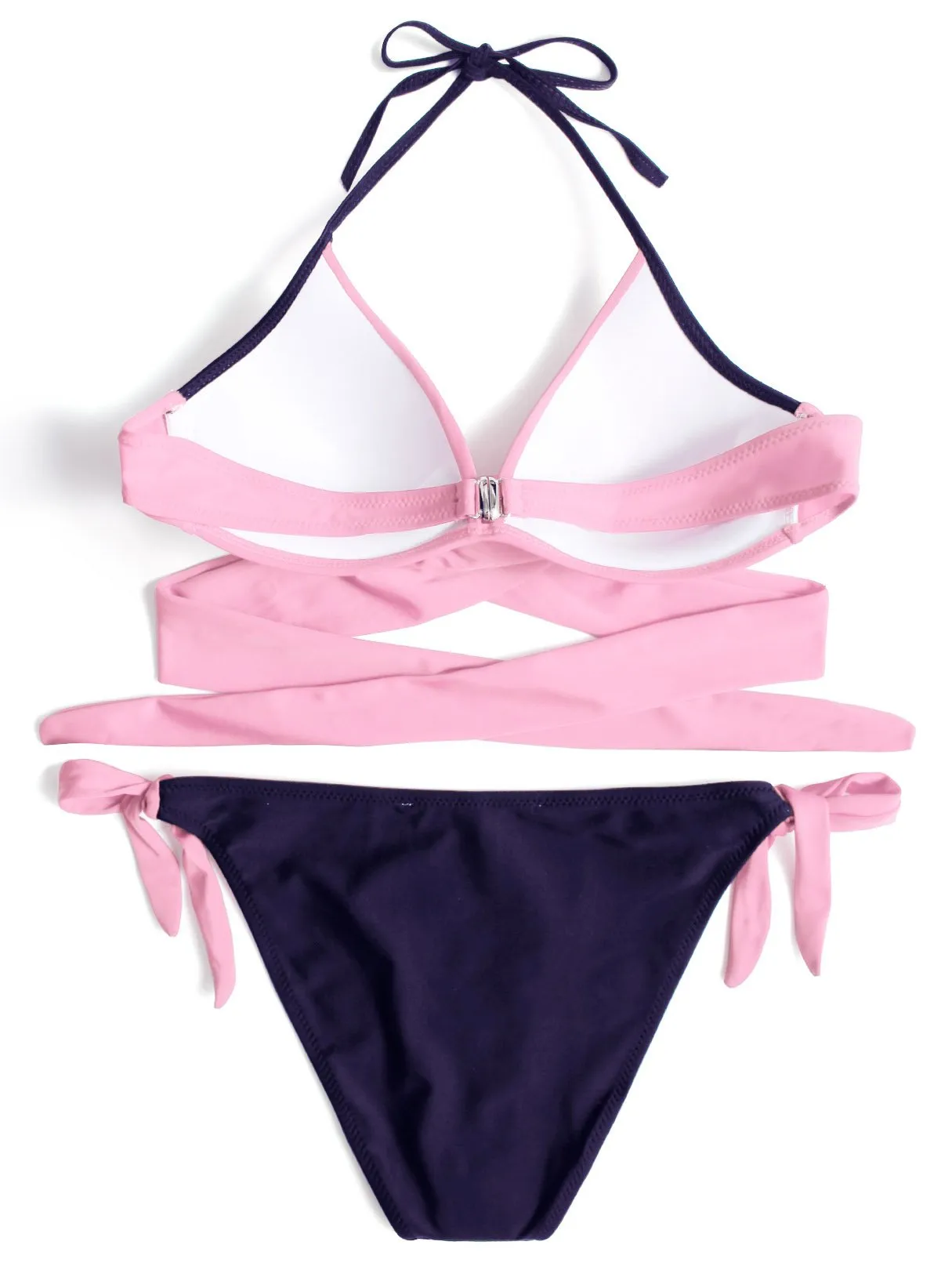 Wholesale Pink Halter Sleeveless Crossed Front Lace-Up Tie-Up Bikinis