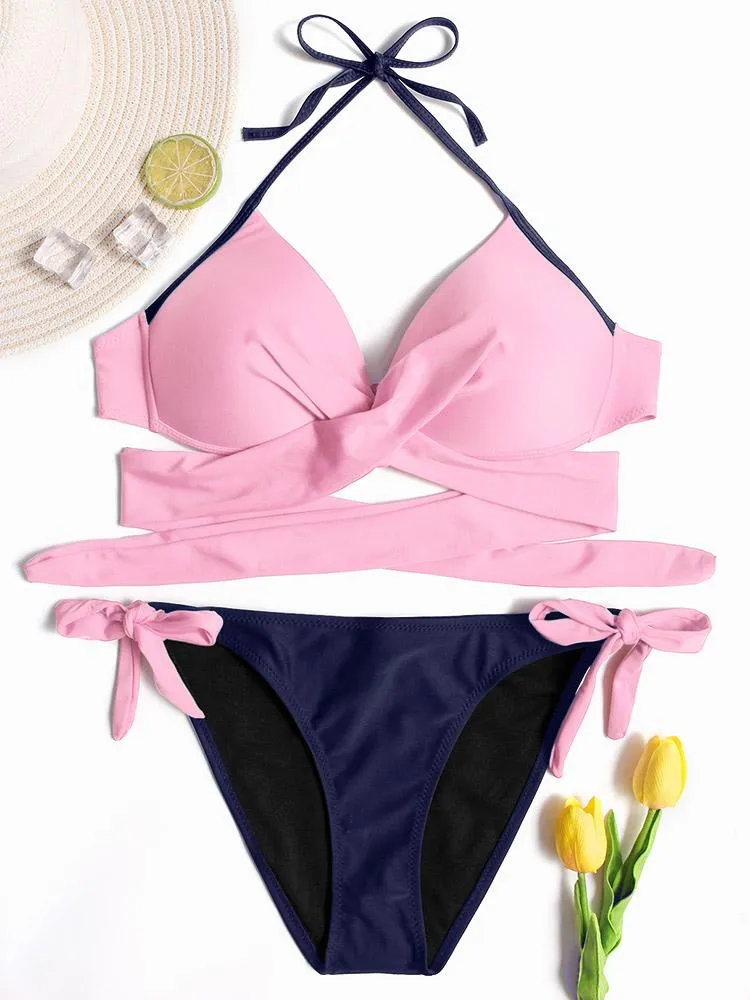 Wholesale Pink Halter Sleeveless Crossed Front Lace-Up Tie-Up Bikinis