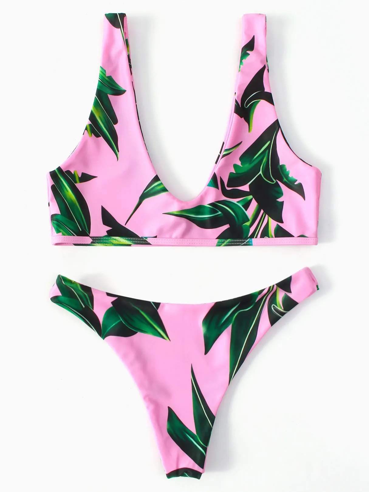 Wholesale Pink Scoop Neck Sleeveless Printed Wireless Two Piece Bikinis
