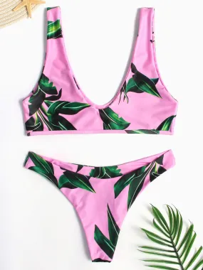 Wholesale Pink Scoop Neck Sleeveless Printed Wireless Two Piece Bikinis