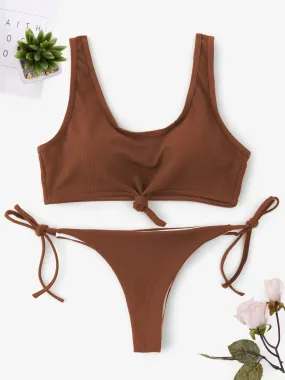 Wholesale Scoop Neck Sleeveless Plain Tie-Up Bikinis