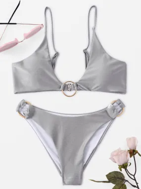 Wholesale Silver Sleeveless Metallic Buckle Bikini Set Swimwear