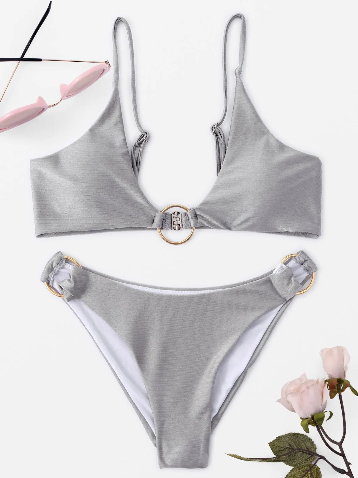 Wholesale Silver Sleeveless Metallic Buckle Bikini Set Swimwear