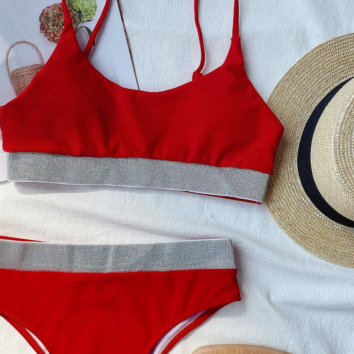 Womens High Waisted Bling Bikini Set Spaghetti Strap Padded Beach Swimsuits