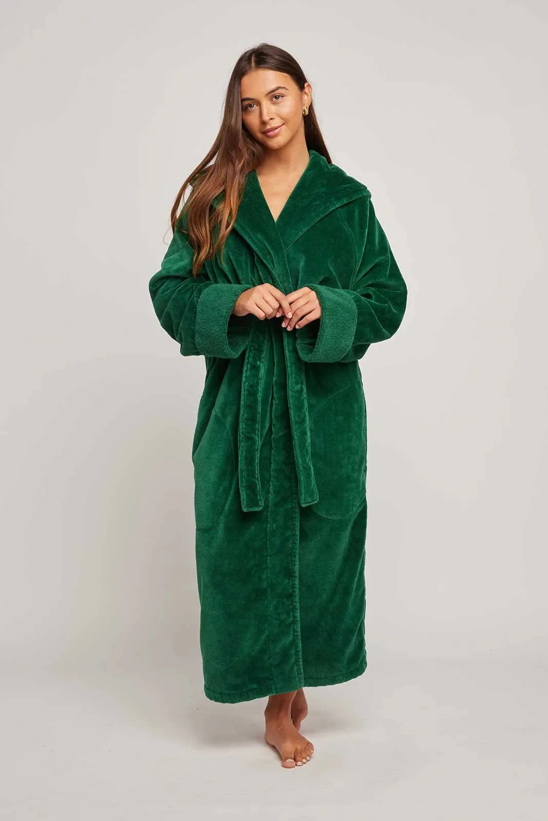 Womens Organic Cotton Hooded Robe in Emerald