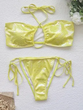 Yellow Color Lace Up Two Piece High Waisted Bikinis