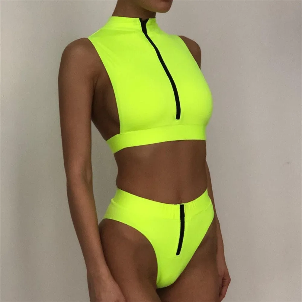 Zipper Bright Color High Rise Triangle Bikinis